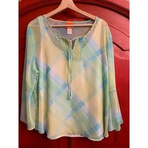 Hearts of Palm Gorgeous Lime Blue and Yellow Sheer Bell Sleeve Under Tank EUC 16